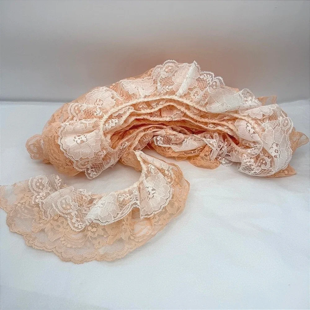 Lace Trim Double Layer Ruffled Peach White Floral Sewing Notions 3.5yds****